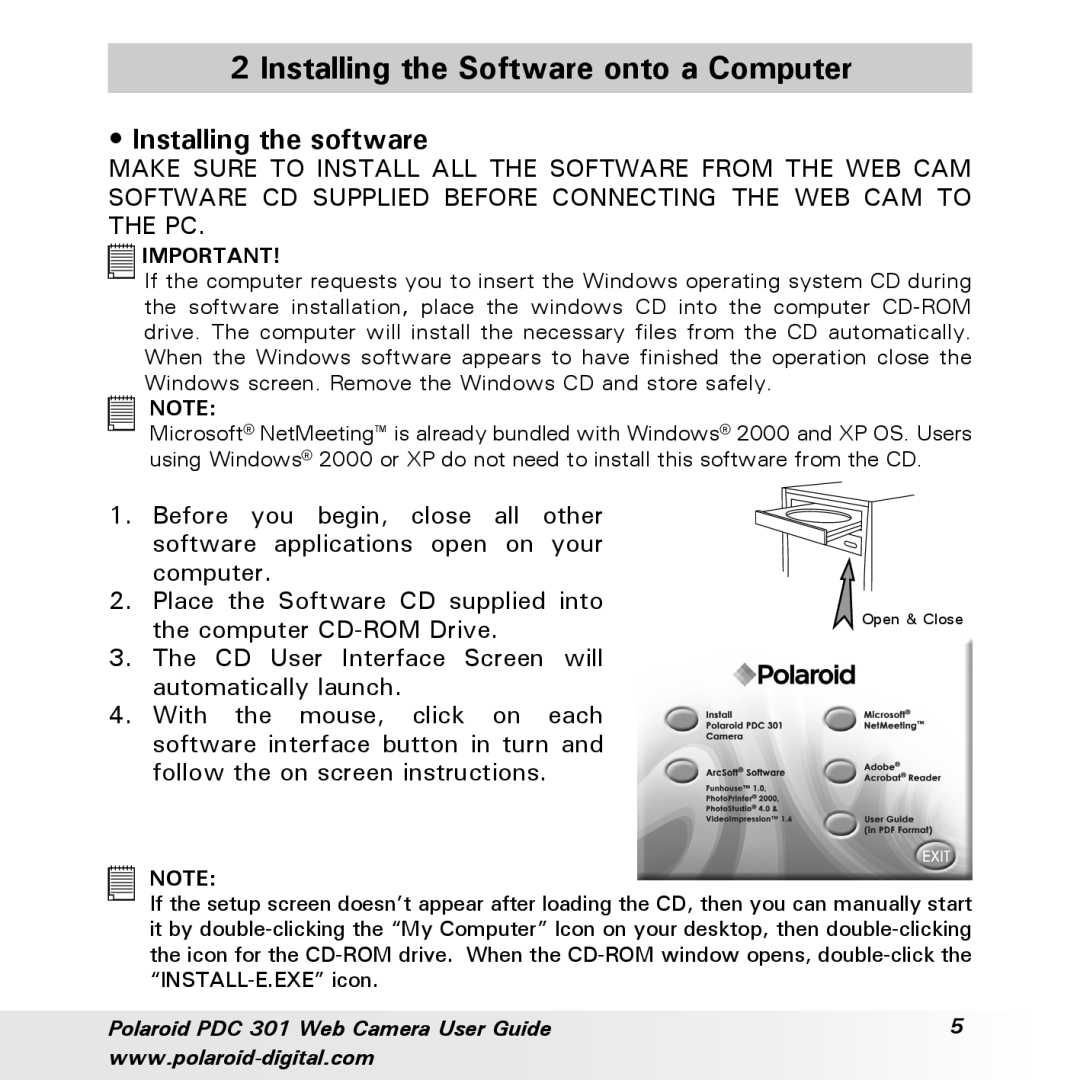 Polaroid PDC-301 manual Installing the Software onto a Computer, Installing the software 