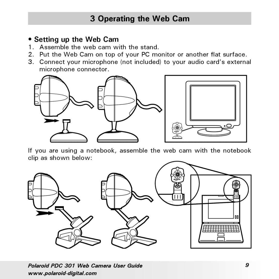 Polaroid PDC-301 manual Operating the Web Cam, Setting up the Web Cam 