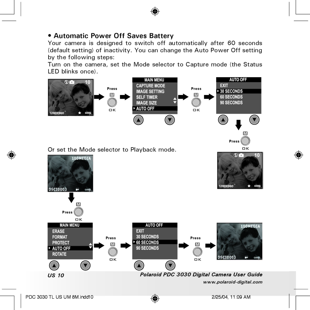 Polaroid PDC 3030 manual Automatic Power Off Saves Battery, Or set the Mode selector to Playback mode 