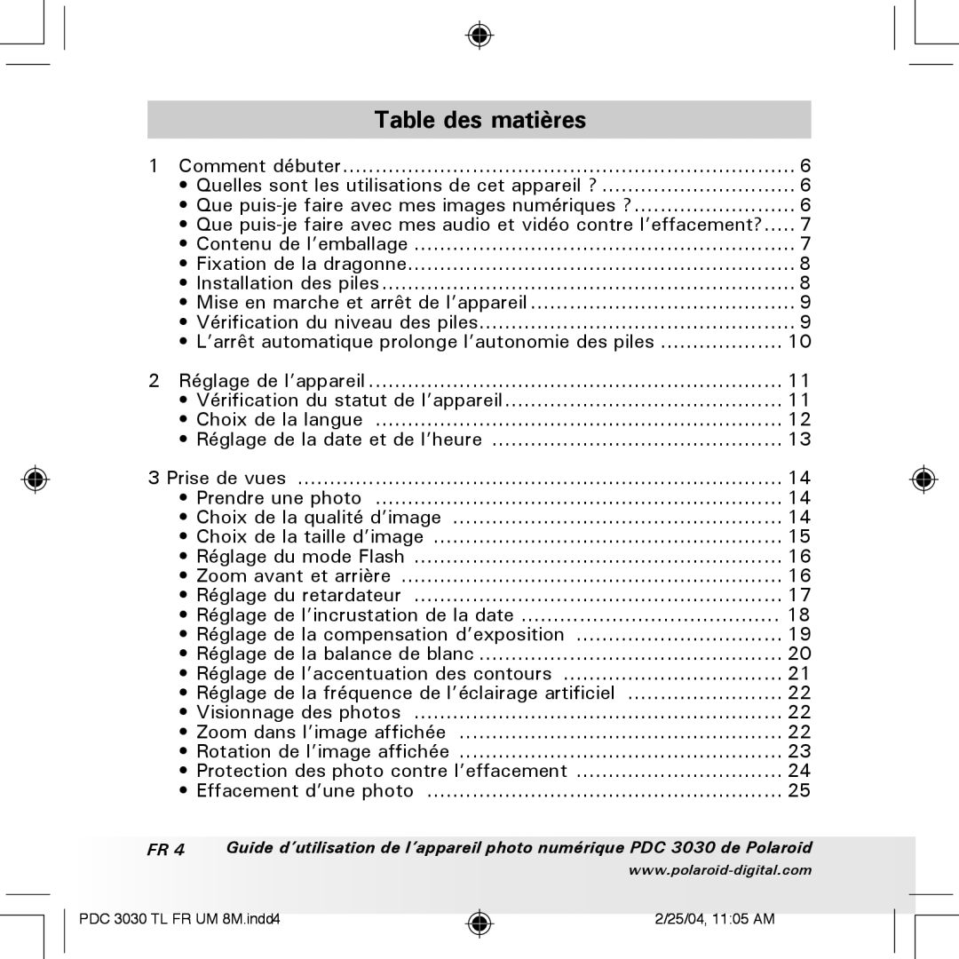 Polaroid PDC 3030 manual Table des matières 
