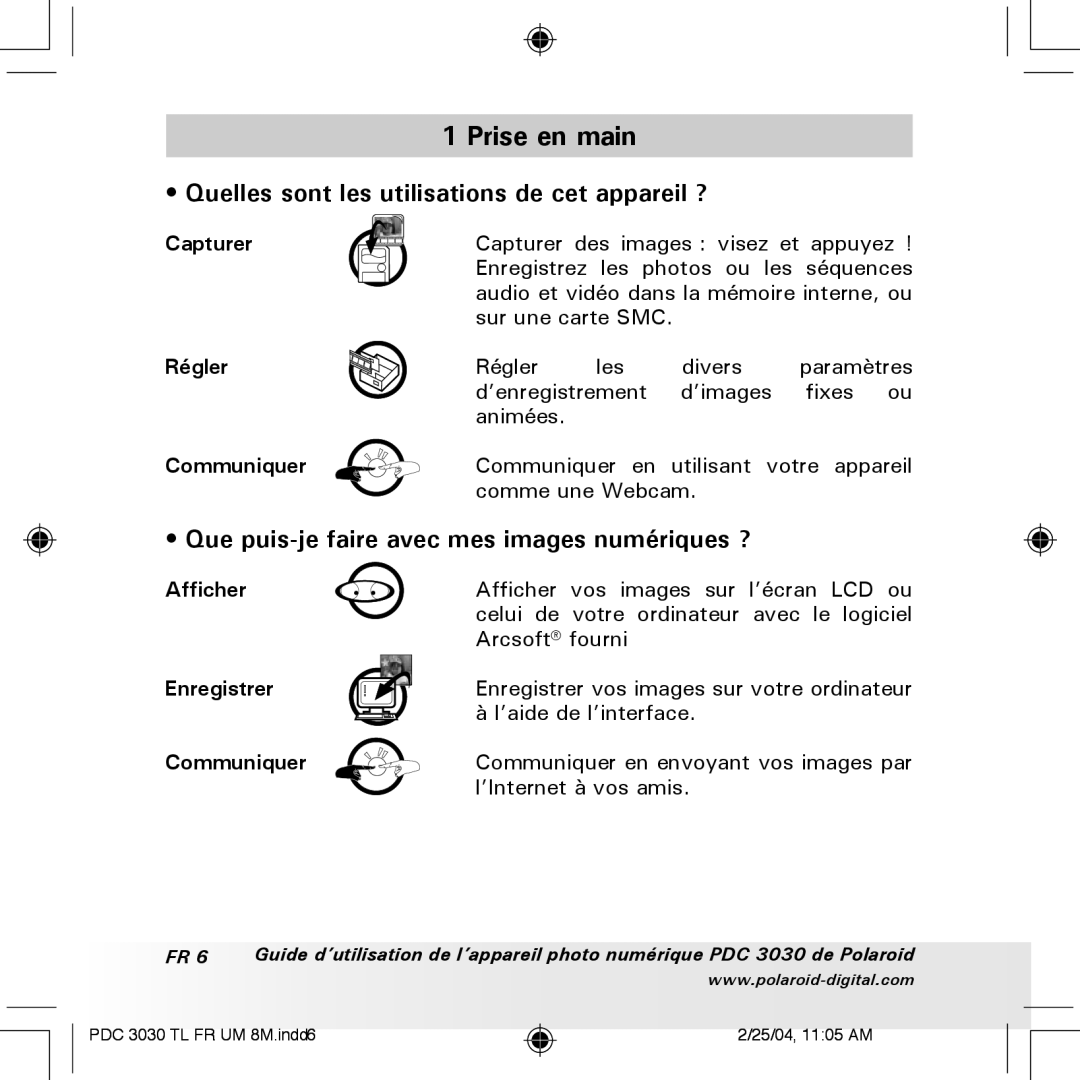 Polaroid PDC 3030 manual Prise en main, Quelles sont les utilisations de cet appareil ? 