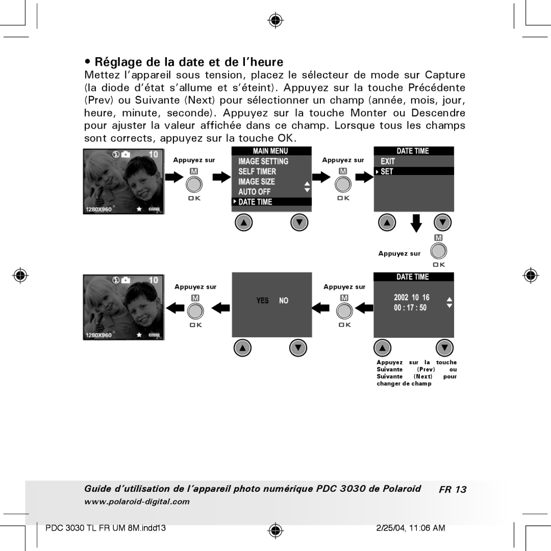 Polaroid PDC 3030 manual Réglage de la date et de l’heure 
