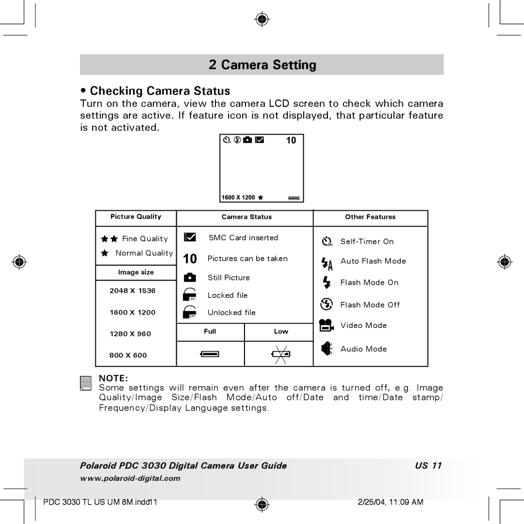 Polaroid PDC 3030 manual Camera Setting, Checking Camera Status 