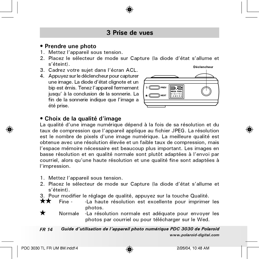 Polaroid PDC 3030 manual Prise de vues, Prendre une photo, Choix de la qualité d’image 