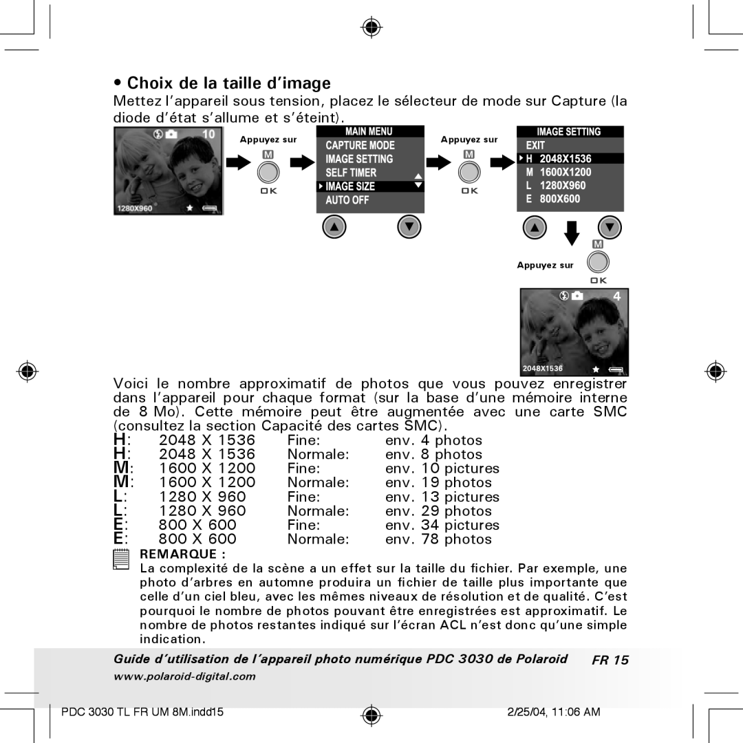 Polaroid PDC 3030 manual Choix de la taille d’image, Smc 