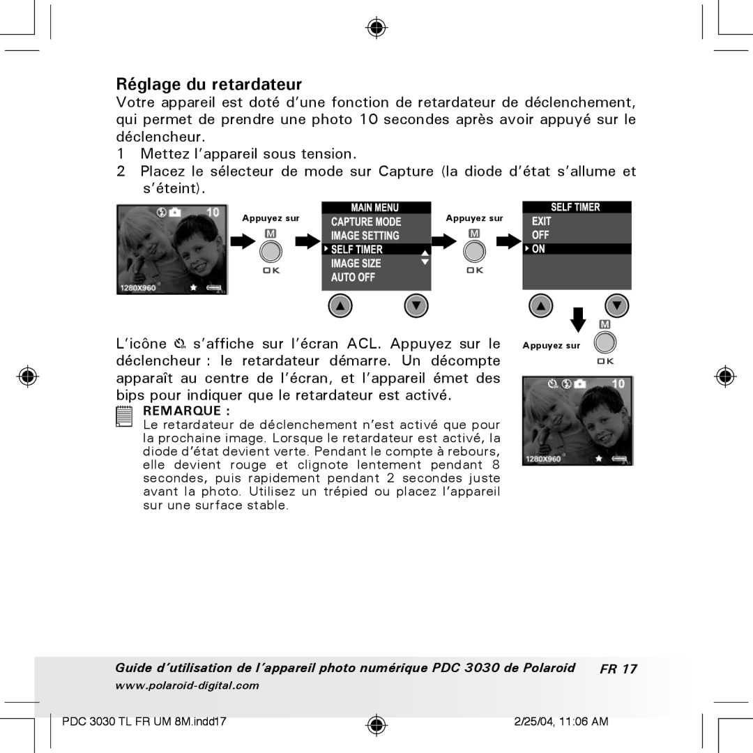 Polaroid PDC 3030 manual Réglage du retardateur 