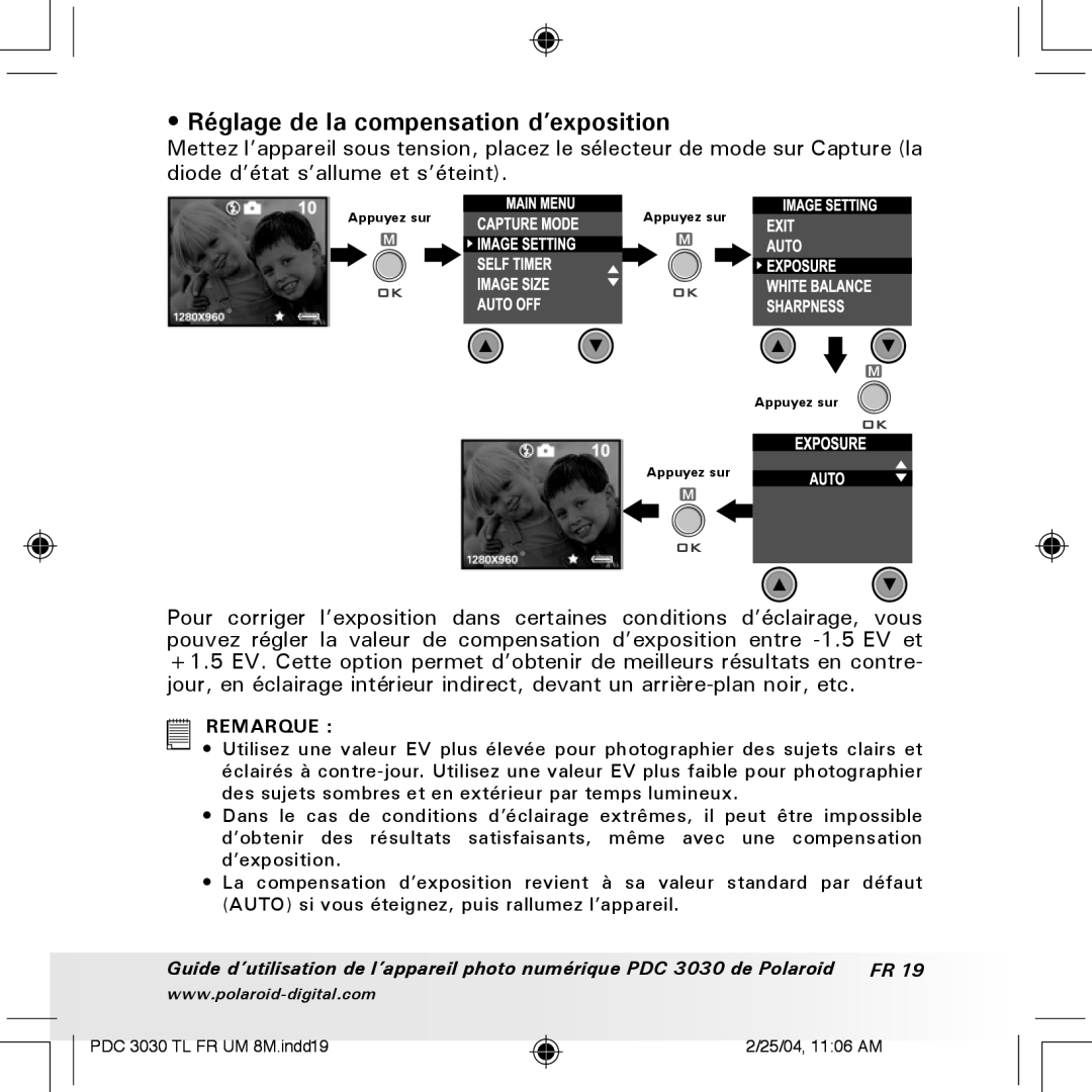 Polaroid PDC 3030 manual Réglage de la compensation d’exposition 