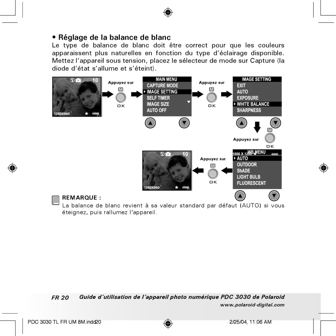 Polaroid PDC 3030 manual Réglage de la balance de blanc 