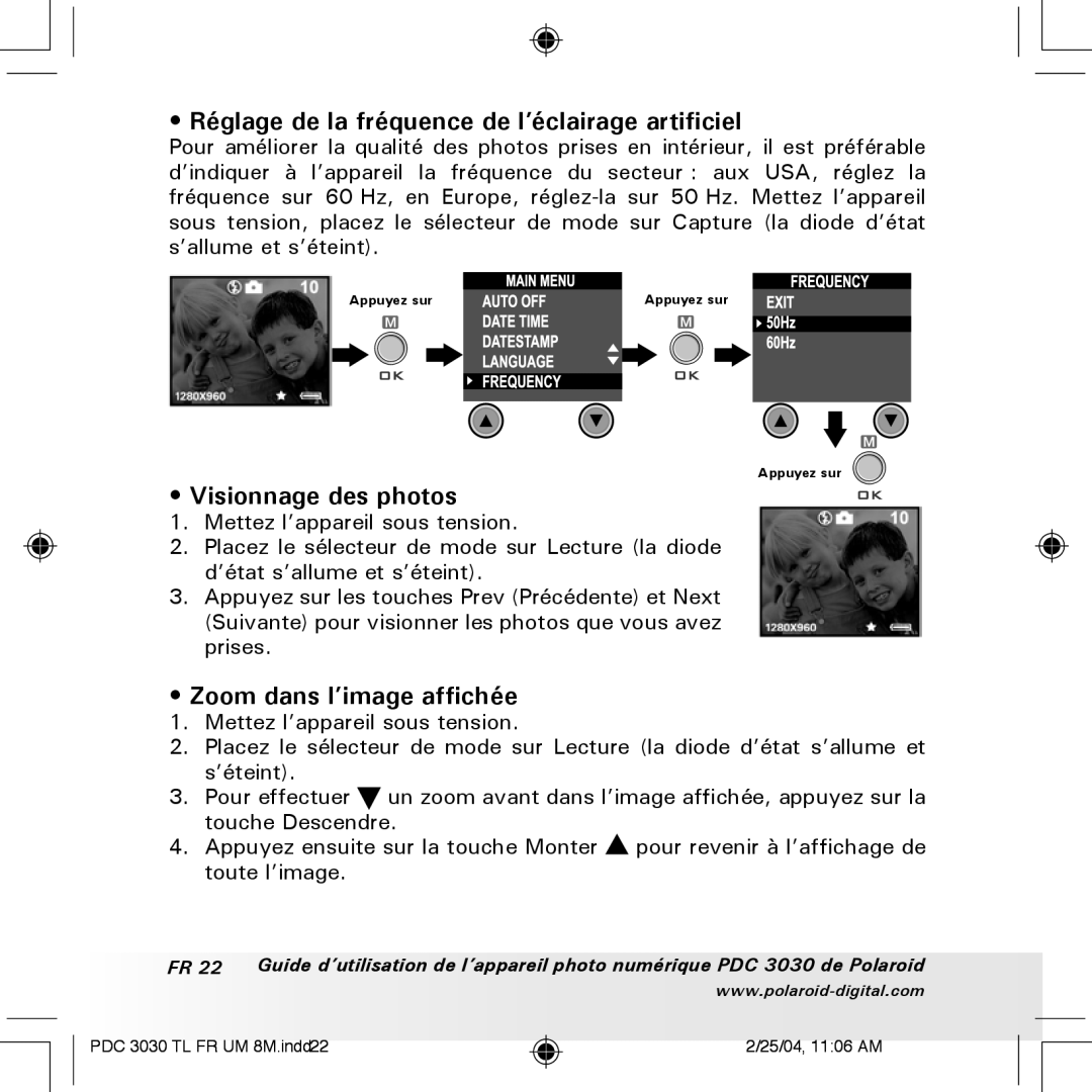 Polaroid PDC 3030 Réglage de la fréquence de l’éclairage artificiel, Visionnage des photos, Zoom dans l’image affichée 