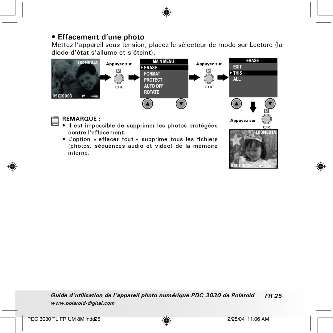 Polaroid PDC 3030 manual Effacement d’une photo 