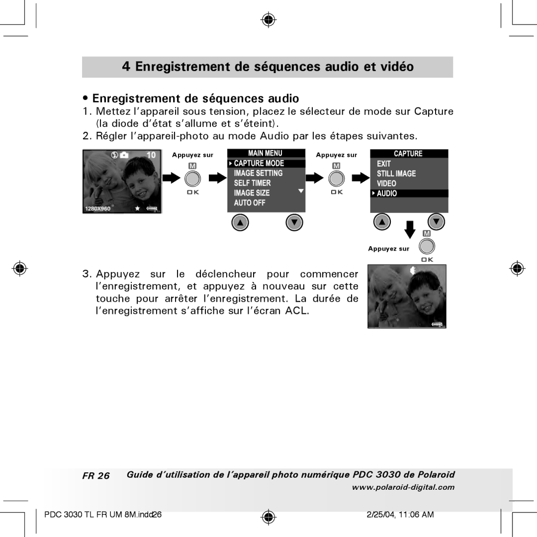 Polaroid PDC 3030 manual Enregistrement de séquences audio et vidéo 