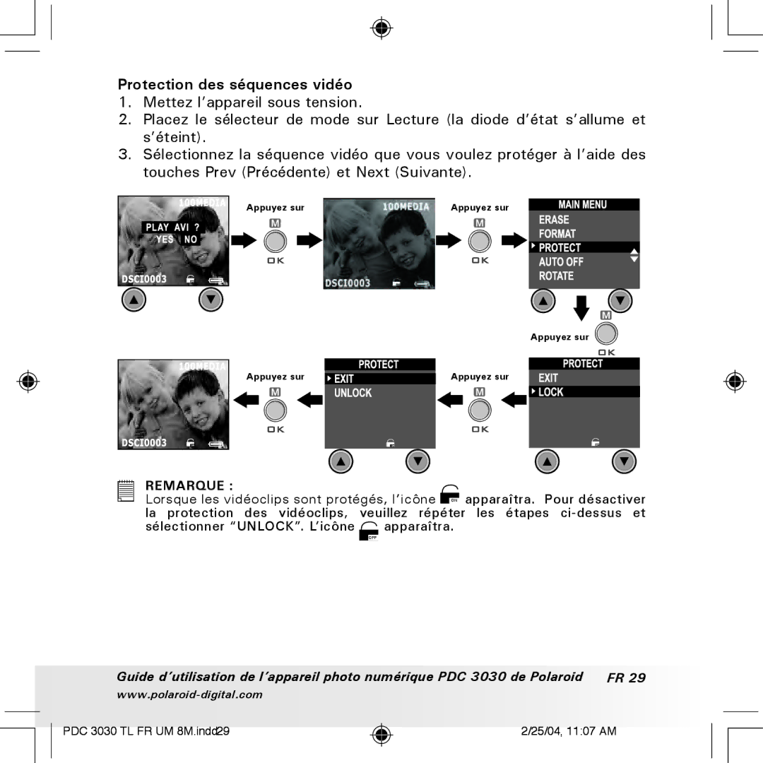 Polaroid PDC 3030 manual Protection des séquences vidéo 