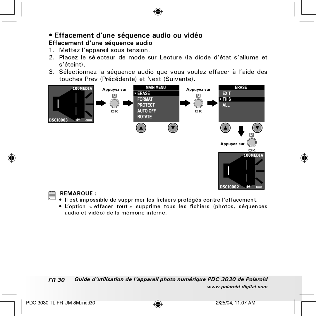 Polaroid PDC 3030 manual Effacement d’une séquence audio ou vidéo 