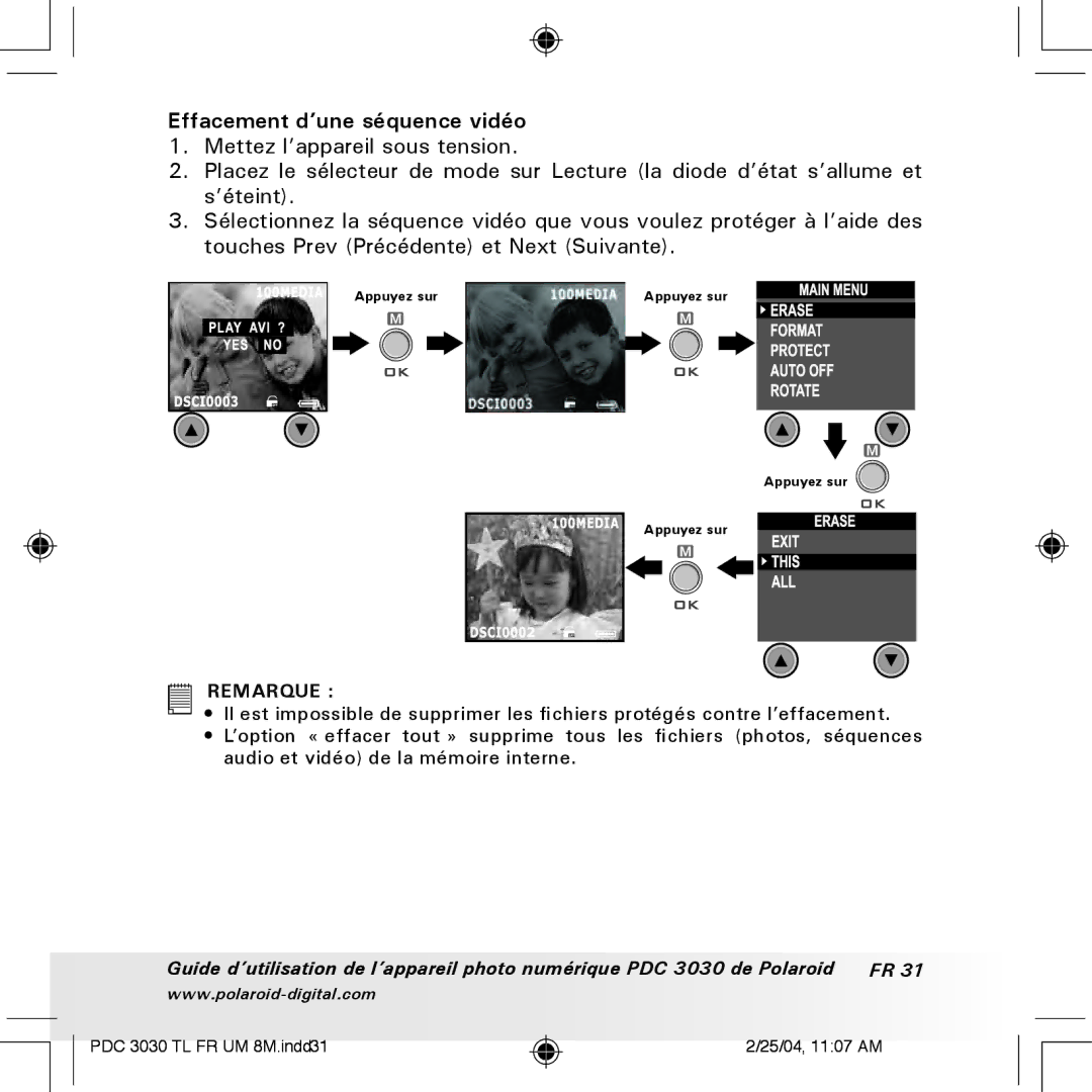 Polaroid PDC 3030 manual Effacement d’une séquence vidéo 