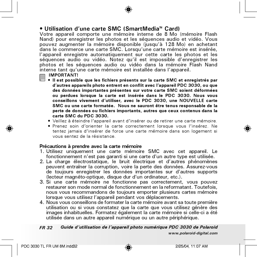 Polaroid PDC 3030 manual Utilisation d’une carte SMC SmartMedia Card, Précautions à prendre avec la carte mémoire 