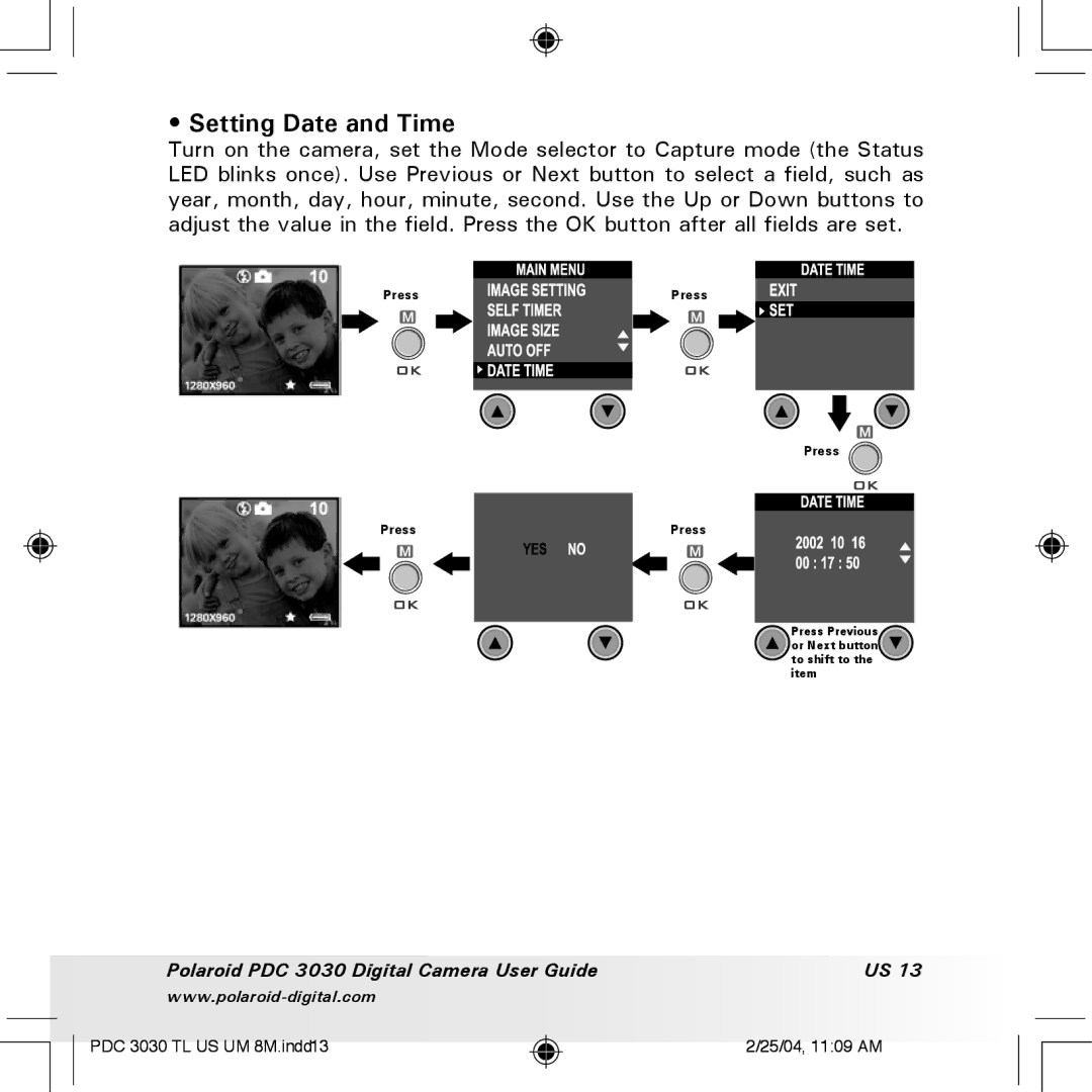 Polaroid PDC 3030 manual Setting Date and Time 