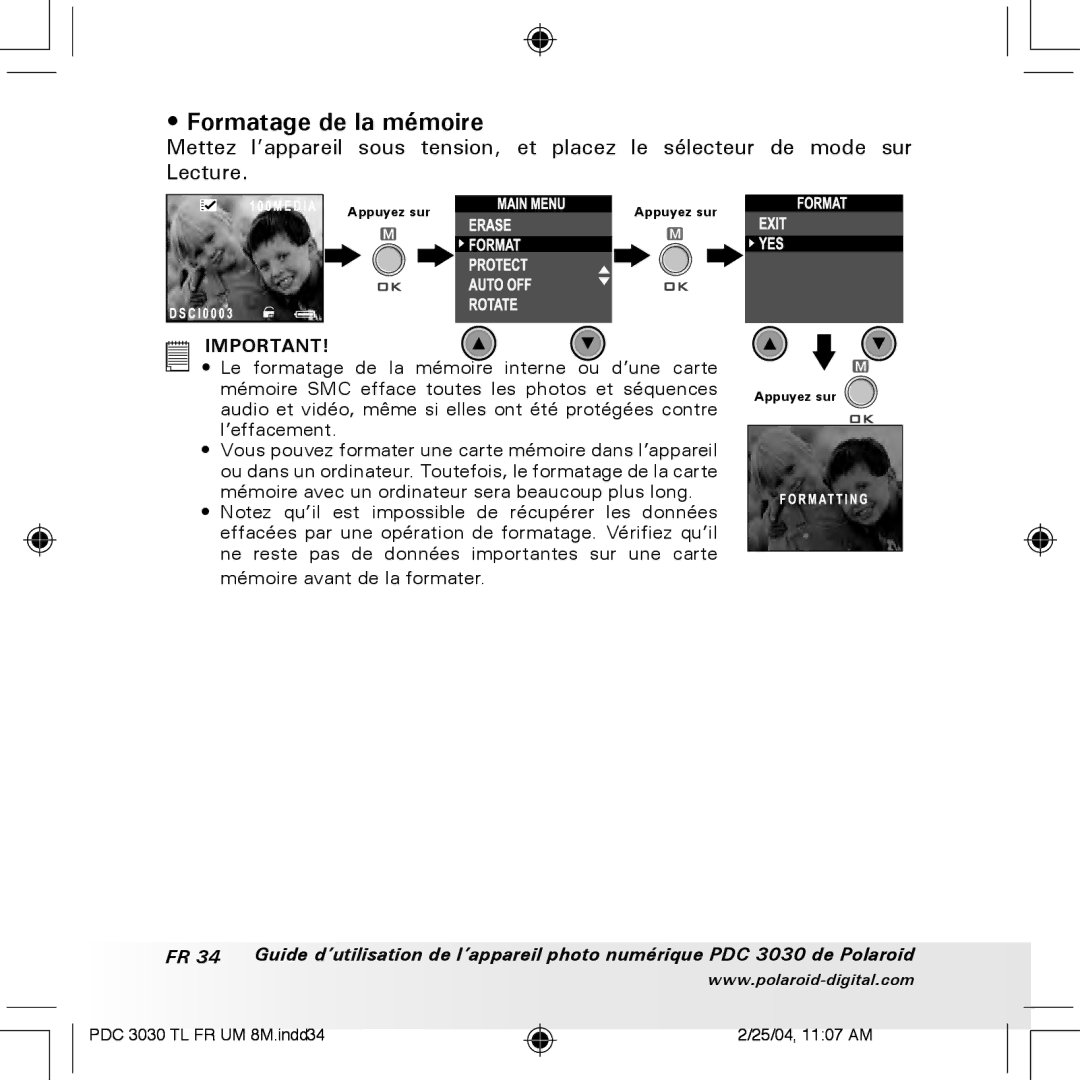Polaroid PDC 3030 manual Formatage de la mémoire 