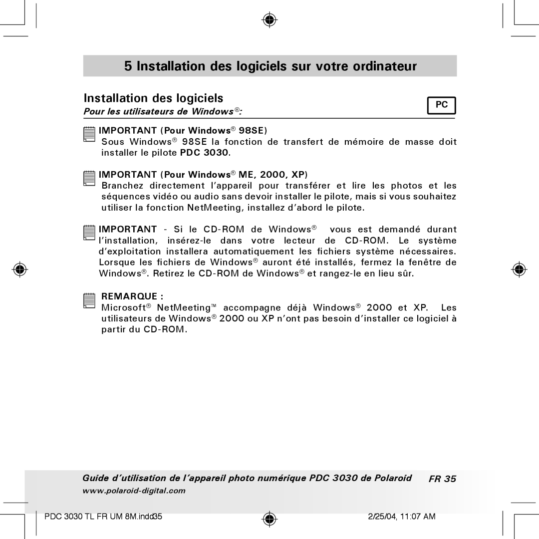 Polaroid PDC 3030 manual Installation des logiciels sur votre ordinateur 