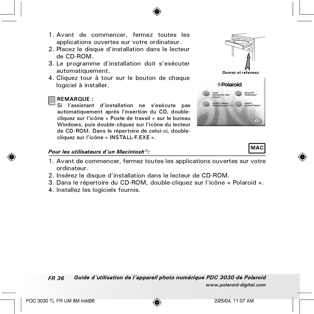 Polaroid PDC 3030 manual Pour les utilisateurs d’un Macintosh 