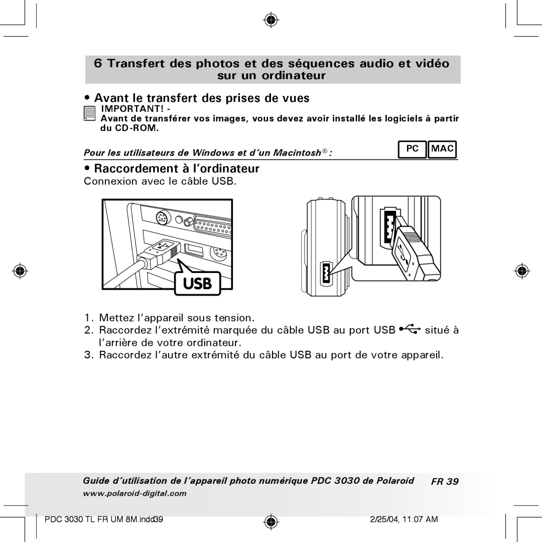 Polaroid PDC 3030 manual Raccordement à l’ordinateur 