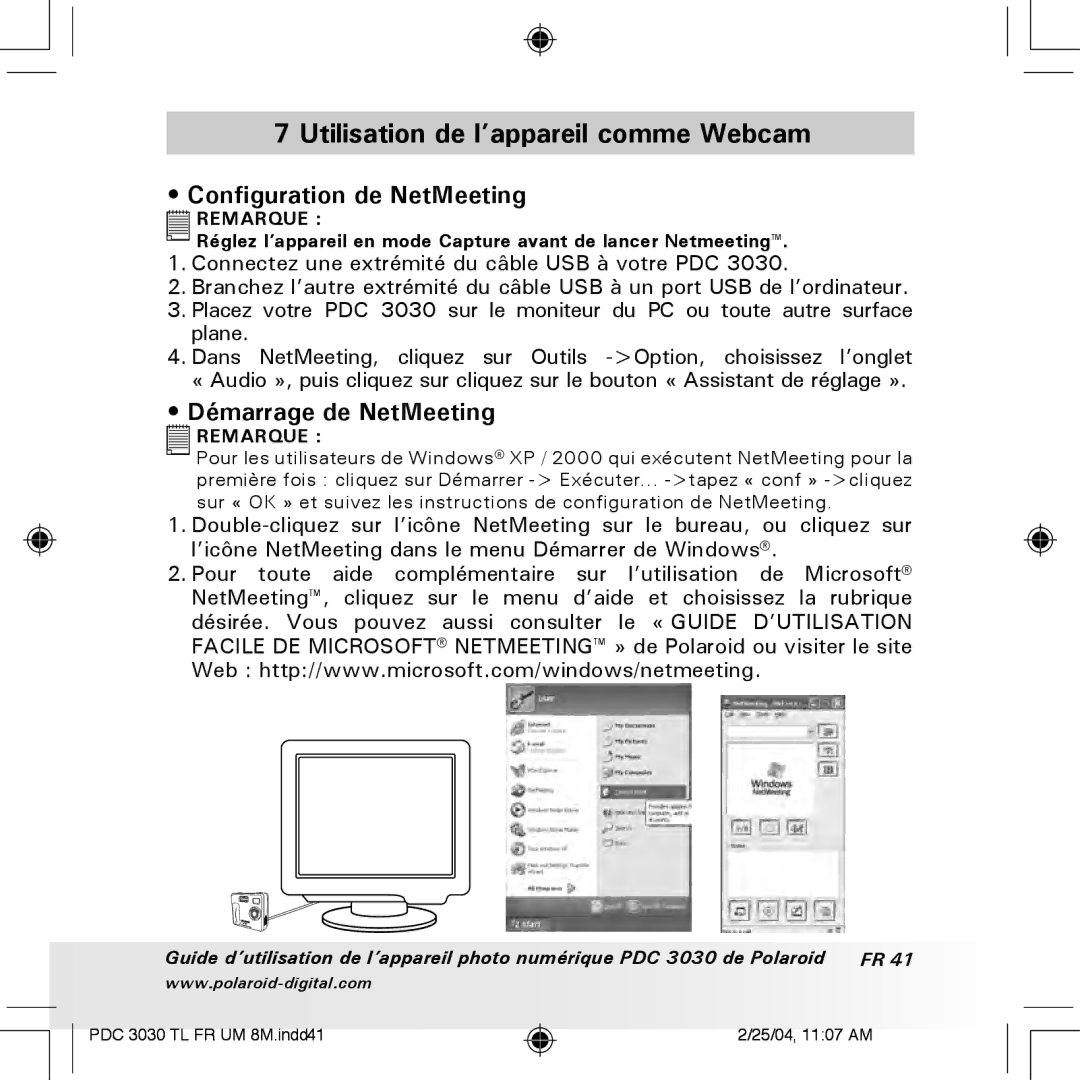 Polaroid PDC 3030 manual Utilisation de l’appareil comme Webcam, Configuration de NetMeeting, Démarrage de NetMeeting 