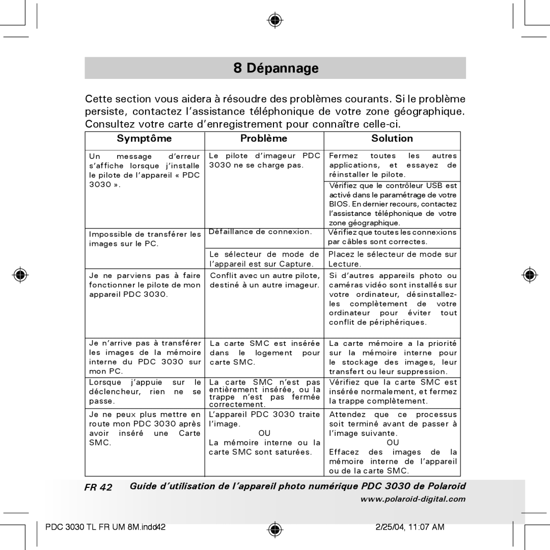 Polaroid PDC 3030 manual Dépannage, Symptôme Problème Solution 