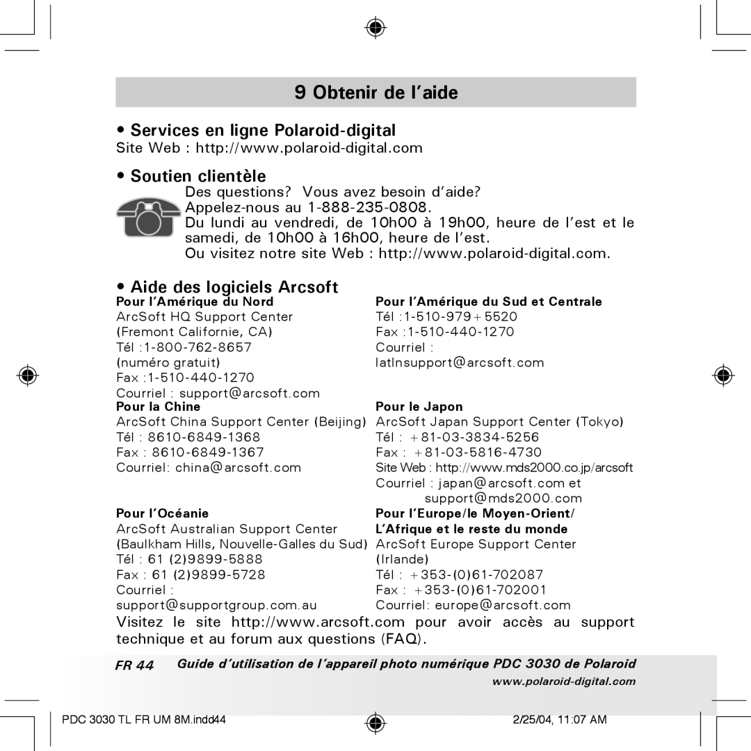 Polaroid PDC 3030 Obtenir de l’aide, Services en ligne Polaroid-digital Soutien clientèle, Aide des logiciels Arcsoft 