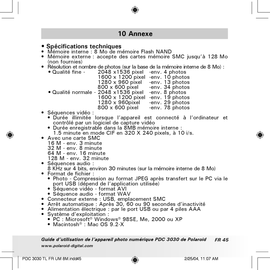 Polaroid PDC 3030 manual Annexe, Spécifications techniques 
