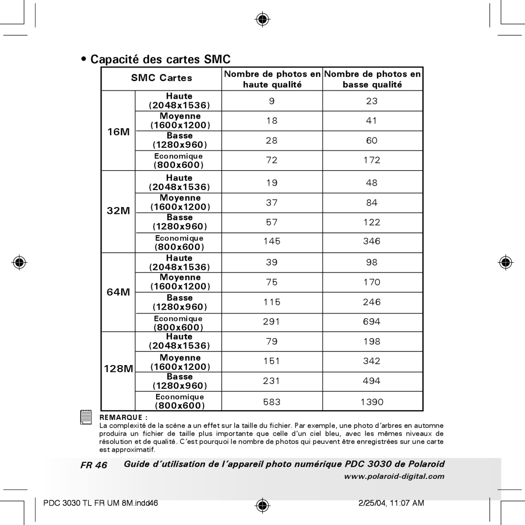 Polaroid PDC 3030 manual Capacité des cartes SMC, Remarque 