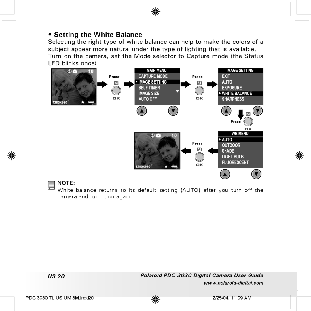 Polaroid PDC 3030 manual Setting the White Balance 