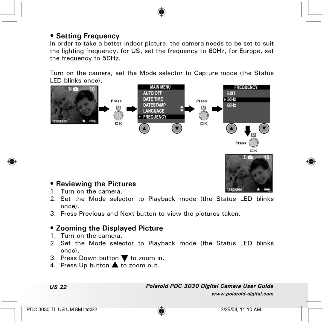 Polaroid PDC 3030 manual Setting Frequency, Reviewing the Pictures, Zooming the Displayed Picture 