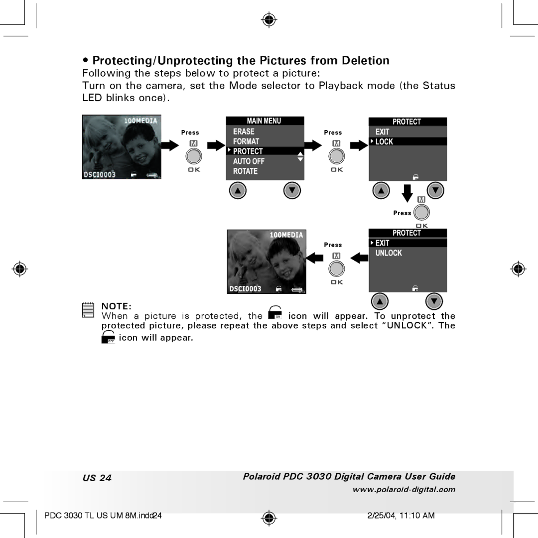 Polaroid PDC 3030 manual Protecting/Unprotecting the Pictures from Deletion 