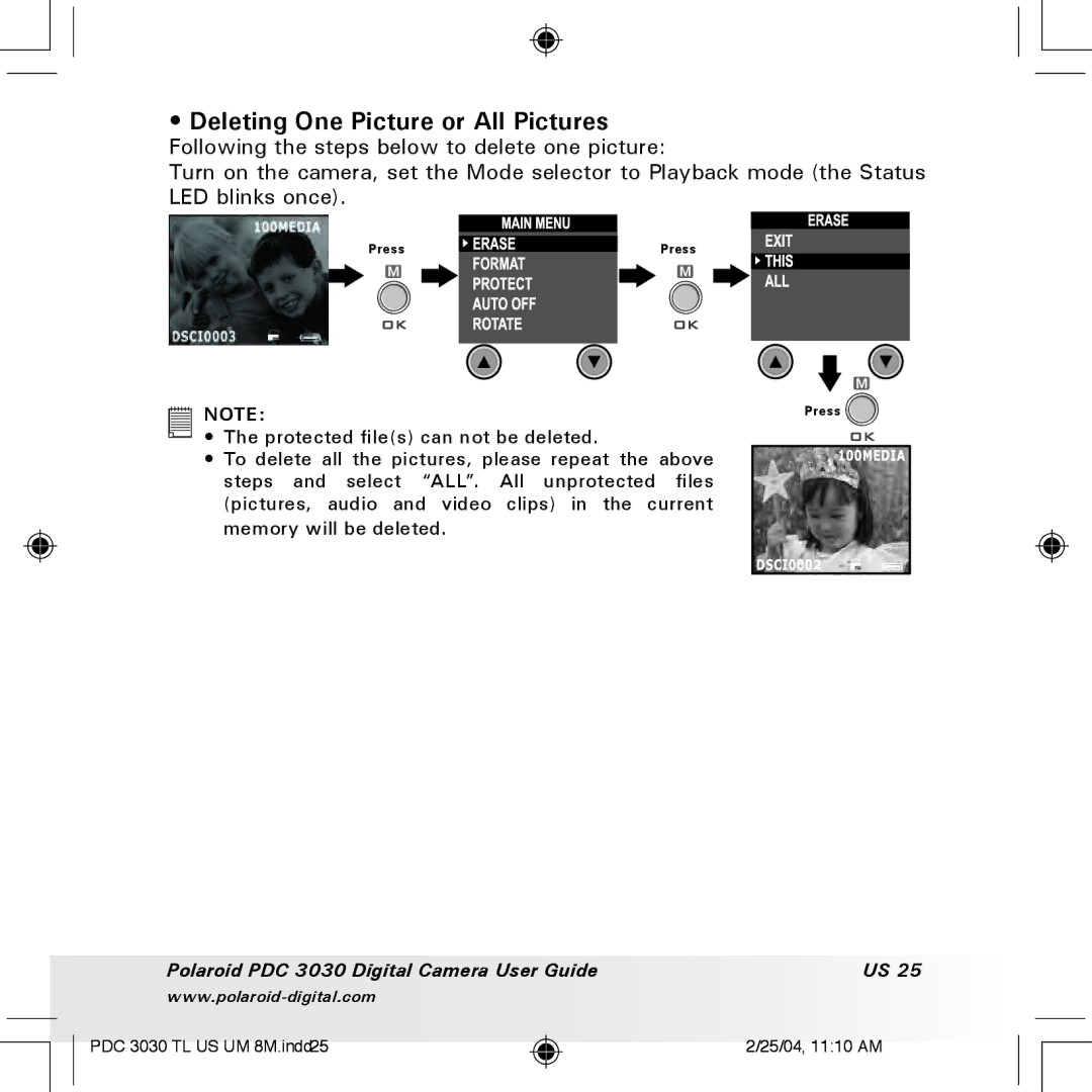 Polaroid PDC 3030 manual Deleting One Picture or All Pictures 