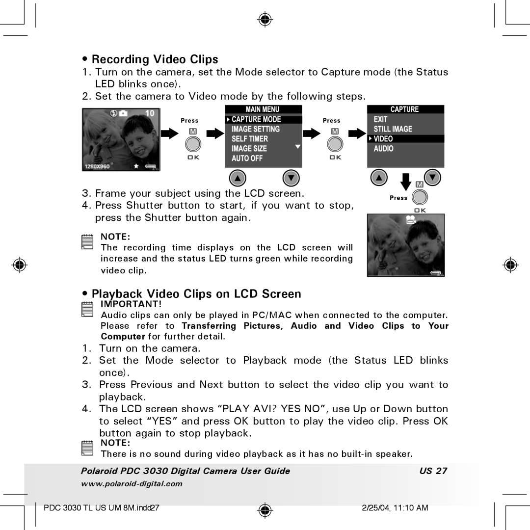 Polaroid PDC 3030 manual Recording Video Clips, Playback Video Clips on LCD Screen 