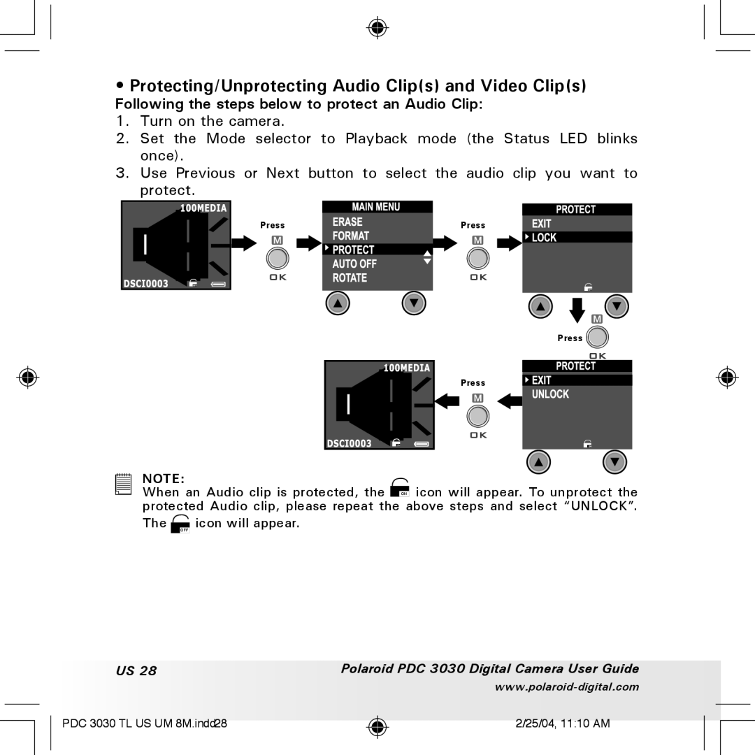 Polaroid PDC 3030 Protecting/Unprotecting Audio Clips and Video Clips, Following the steps below to protect an Audio Clip 