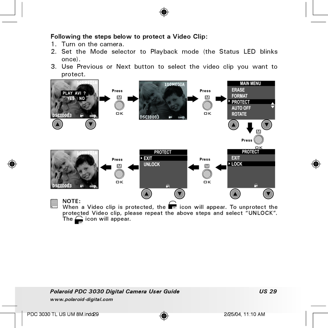 Polaroid PDC 3030 manual Following the steps below to protect a Video Clip 