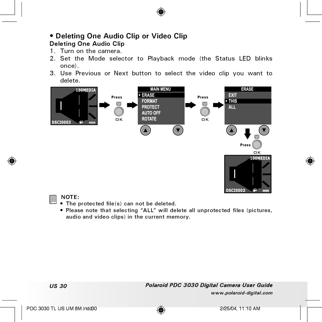 Polaroid PDC 3030 manual Deleting One Audio Clip or Video Clip 