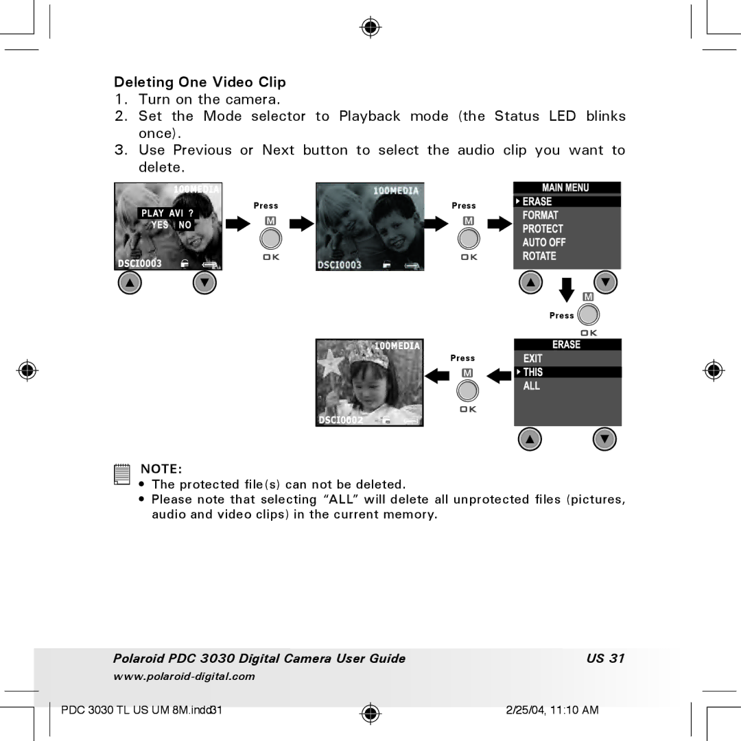 Polaroid PDC 3030 manual Deleting One Video Clip 