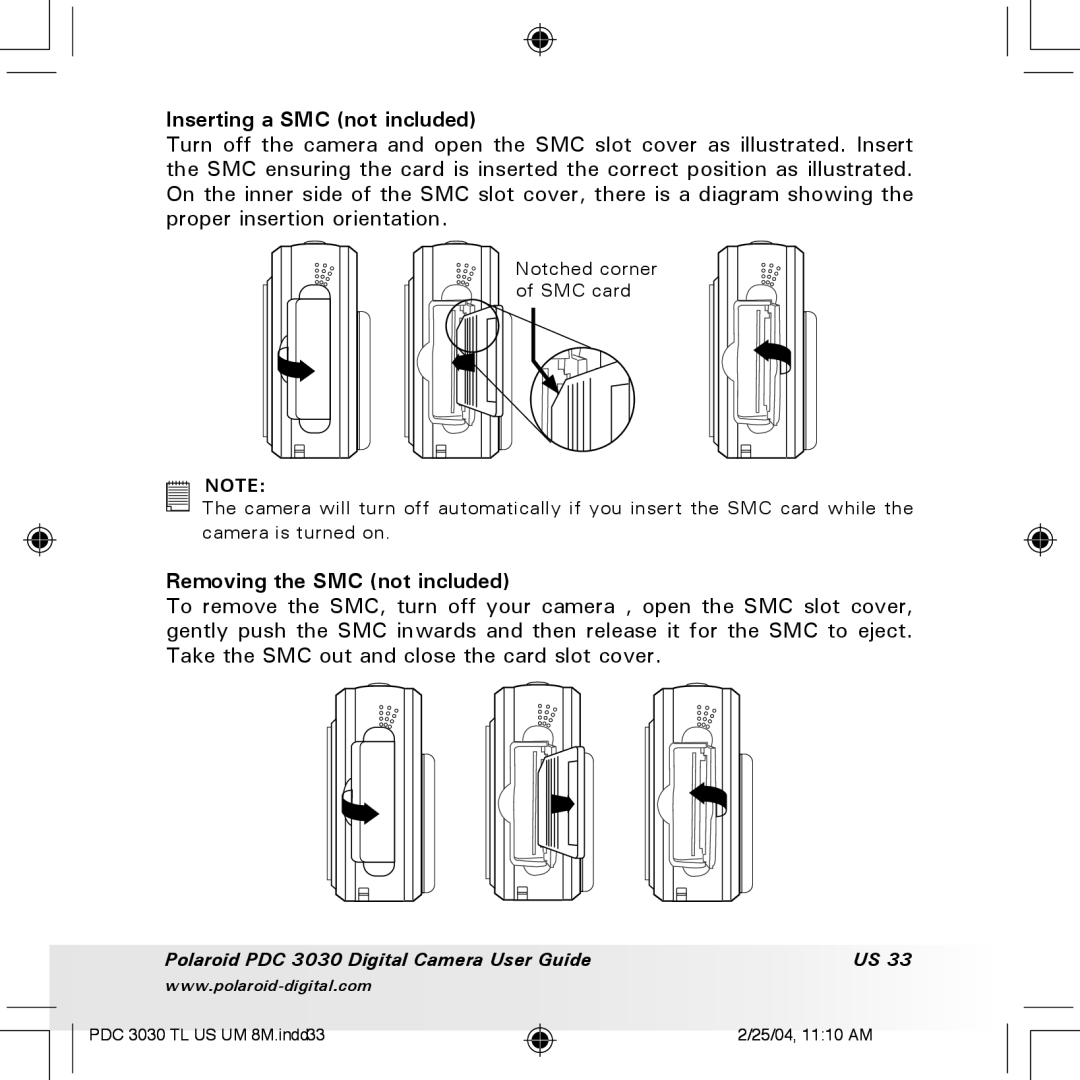 Polaroid PDC 3030 manual Inserting a SMC not included, Removing the SMC not included 