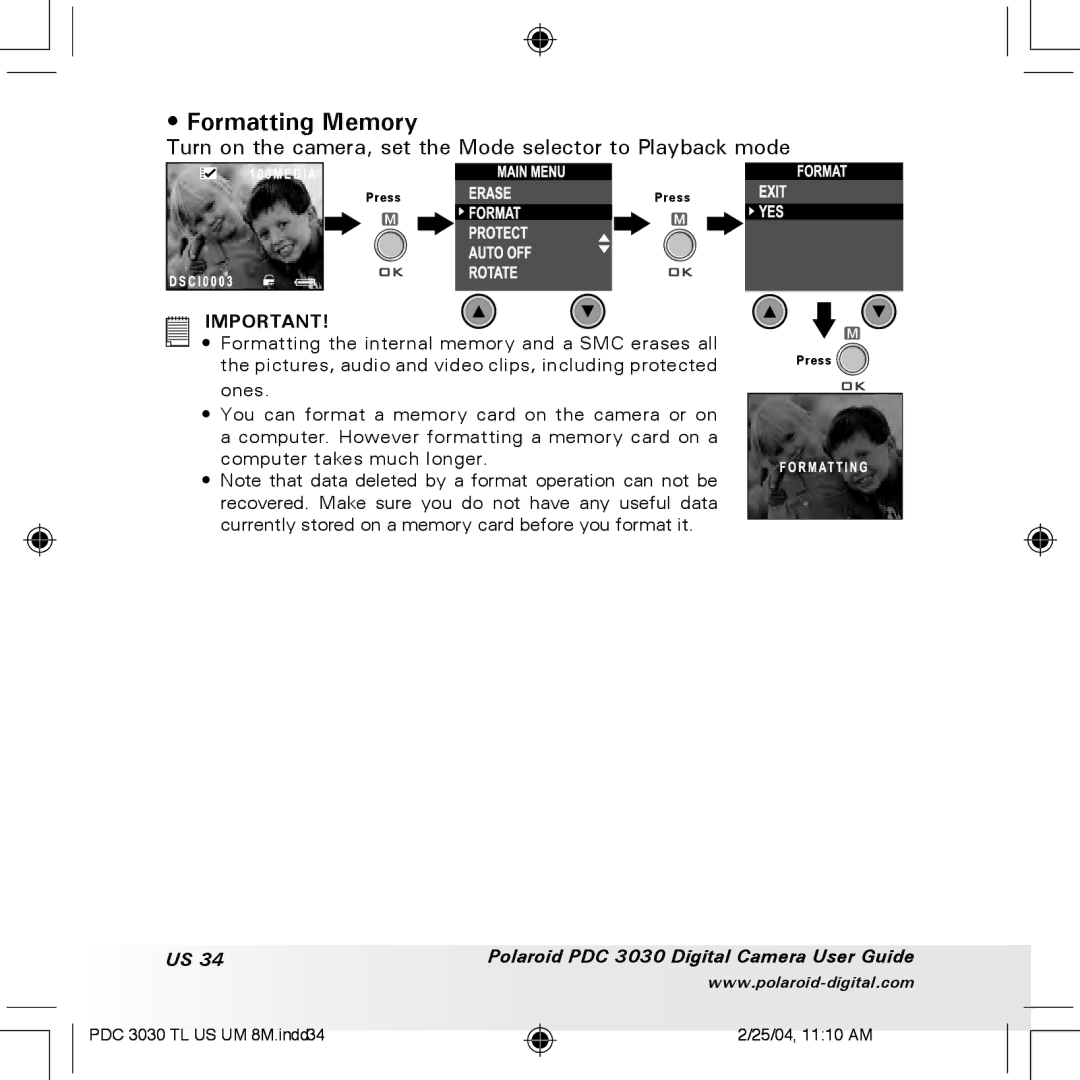 Polaroid PDC 3030 manual Formatting Memory, Turn on the camera, set the Mode selector to Playback mode 