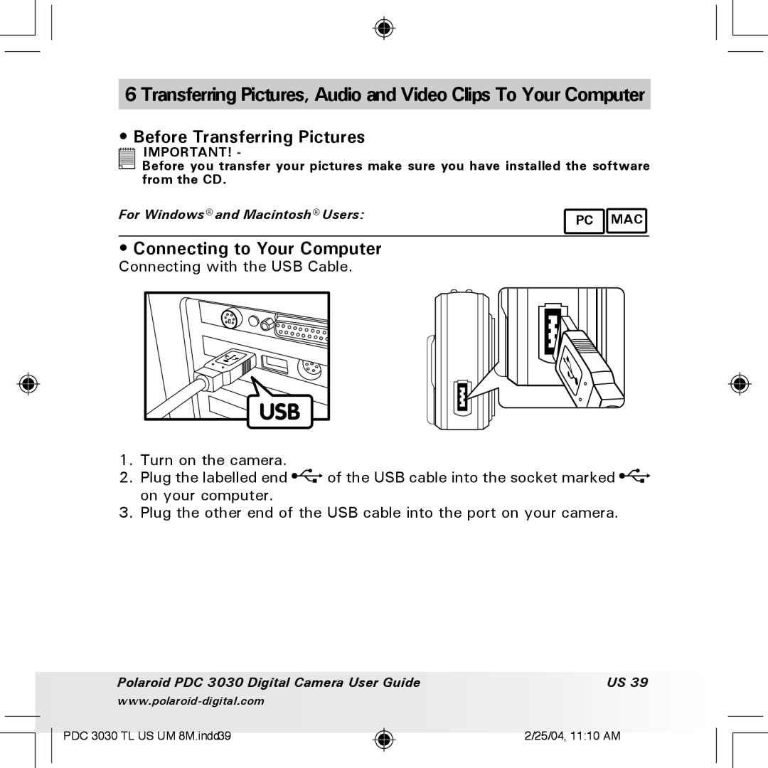 Polaroid PDC 3030 manual Before Transferring Pictures, Connecting to Your Computer 