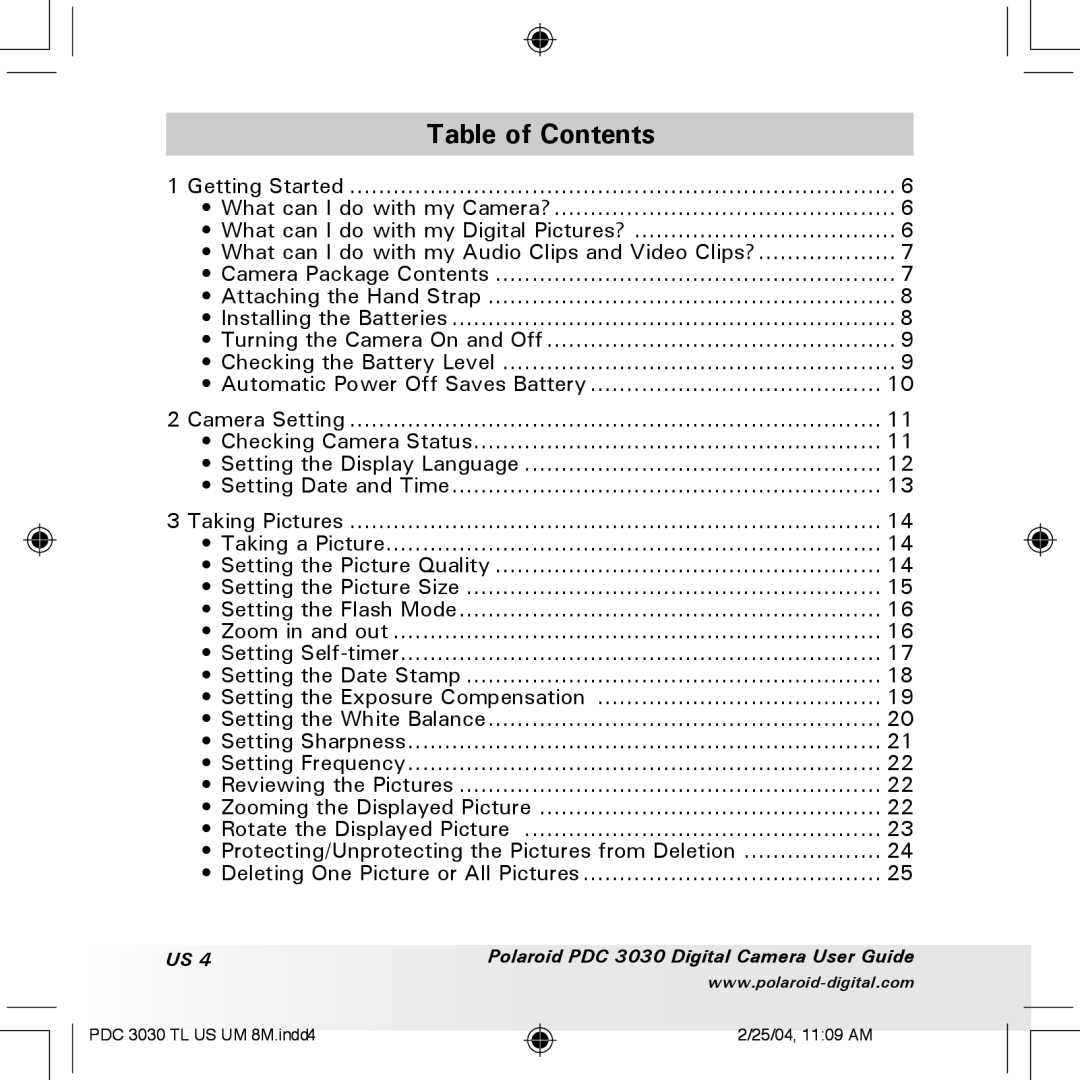 Polaroid PDC 3030 manual Table of Contents 