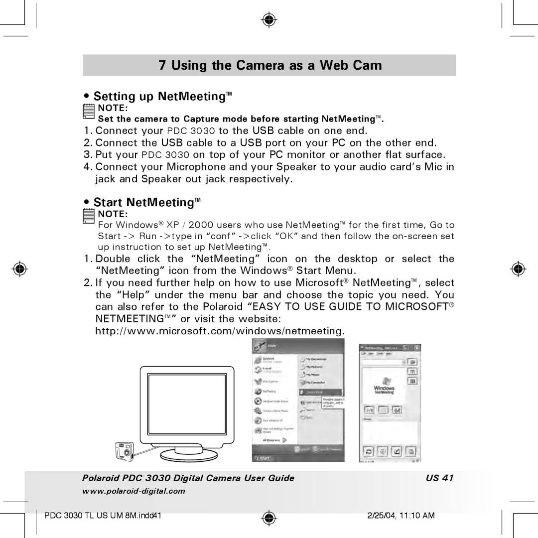 Polaroid PDC 3030 manual Using the Camera as a Web Cam, Setting up NetMeeting, Start NetMeeting 