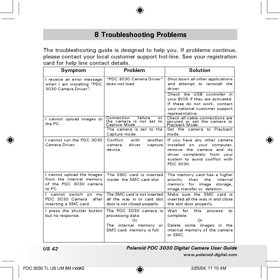 Polaroid PDC 3030 manual Troubleshooting Problems, Symptom Problem Solution 