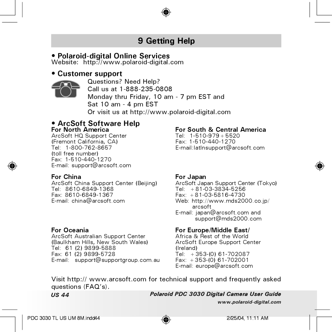 Polaroid PDC 3030 manual Getting Help, Polaroid-digital Online Services Customer support, ArcSoft Software Help 