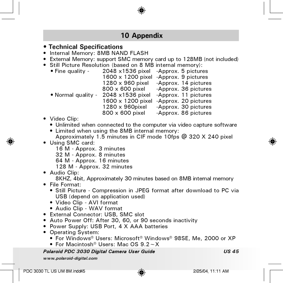 Polaroid PDC 3030 manual Appendix, Technical Specifications 