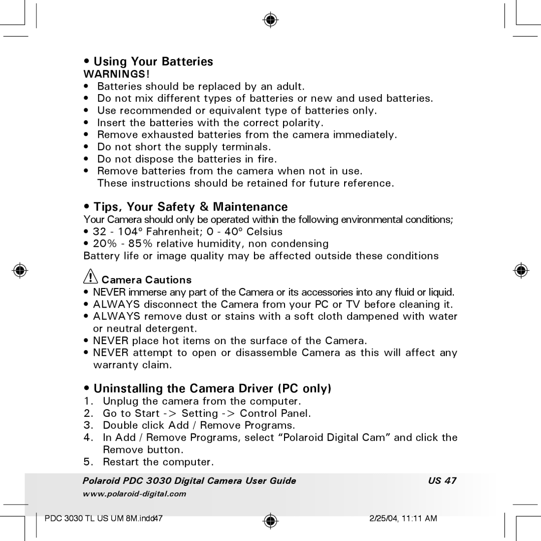 Polaroid PDC 3030 manual Using Your Batteries, Tips, Your Safety & Maintenance, Uninstalling the Camera Driver PC only 