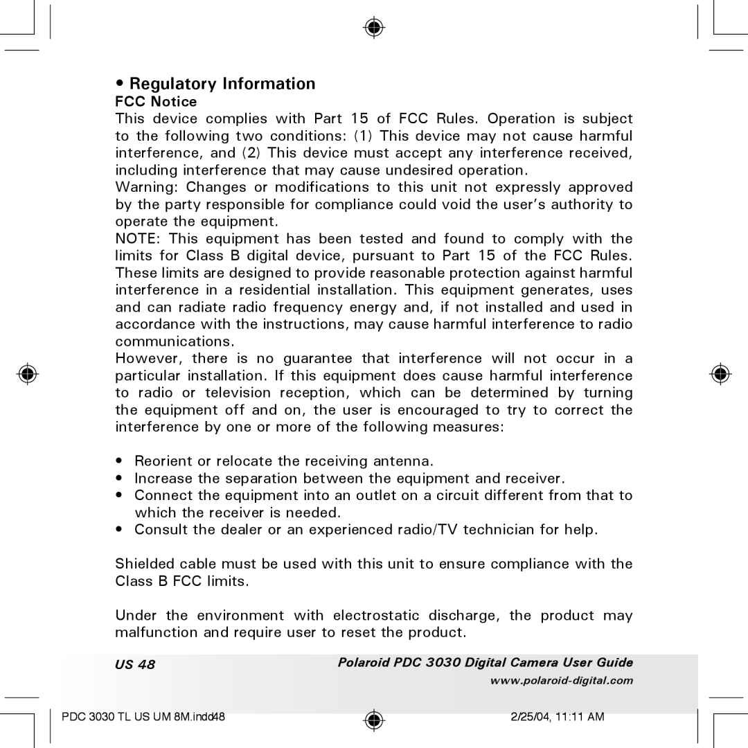 Polaroid PDC 3030 manual Regulatory Information, FCC Notice 