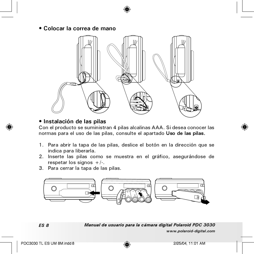 Polaroid PDC 3030 manual Colocar la correa de mano Instalación de las pilas 
