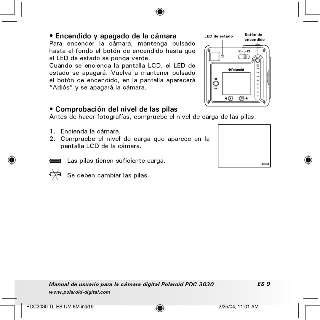 Polaroid PDC 3030 manual Encendido y apagado de la cámara, Comprobación del nivel de las pilas 